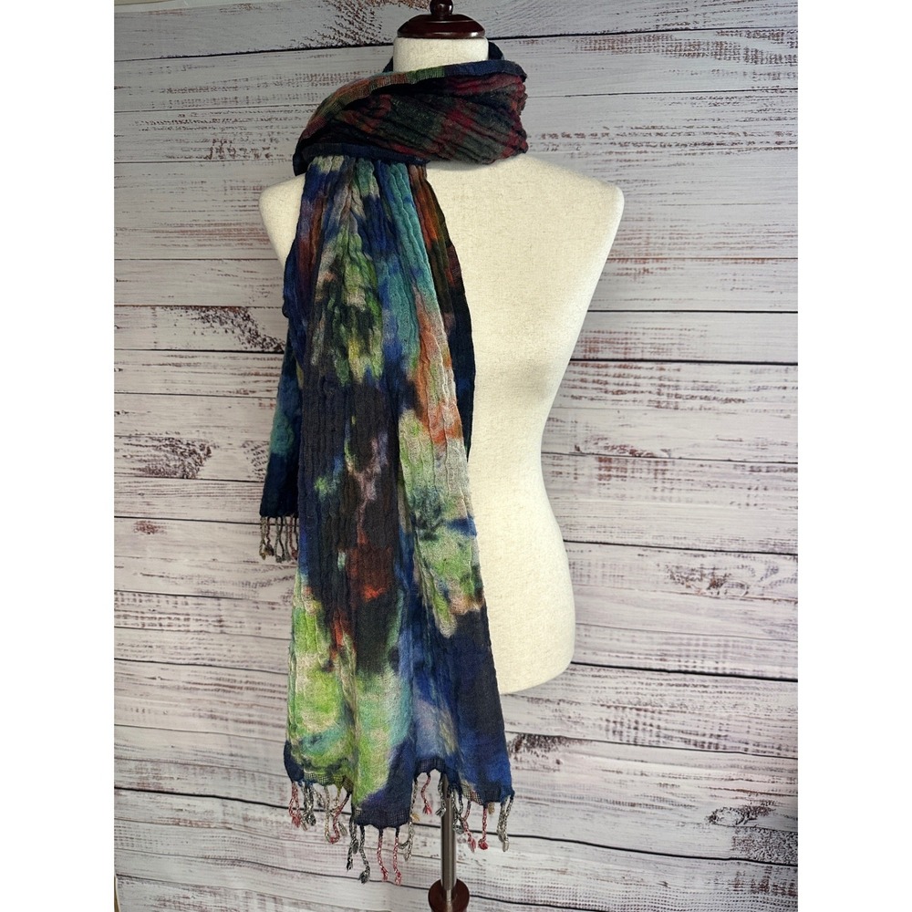 Prana Reversible 100% Wool Scarf Abstract Floral Plaid Shawl Style Fringe Wrap